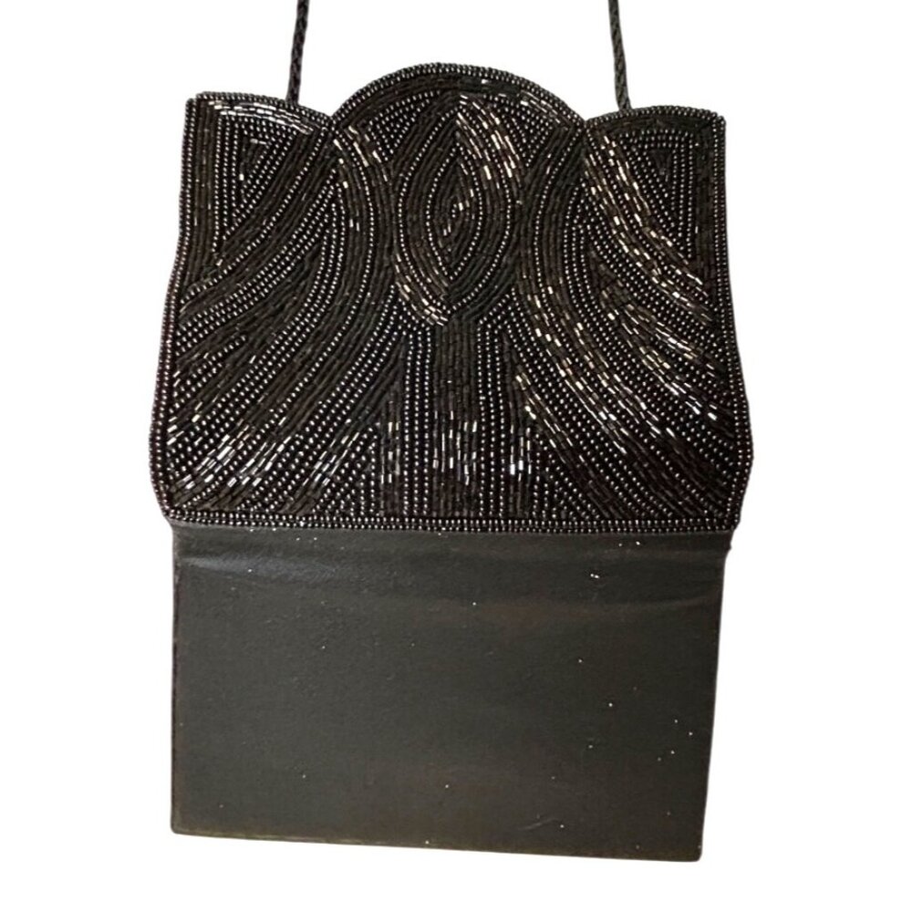 Y2K Vintage Black Beaded Satin Classy Evening Bag Magnetic Closure Rope Strap - Picture 4 of 9